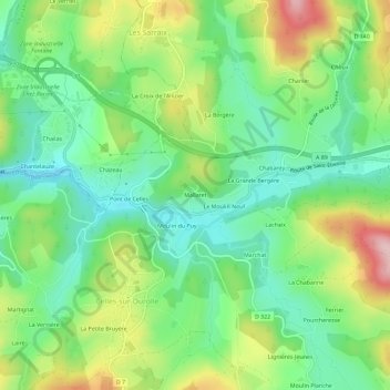Mapa topográfico Mallaret, altitude, relevo