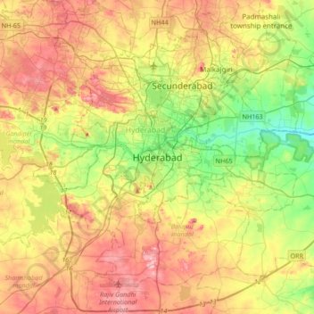 Mapa topográfico Hyderabad, altitude, relevo