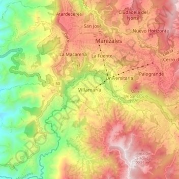 Mapa topográfico Villamaría, altitude, relevo