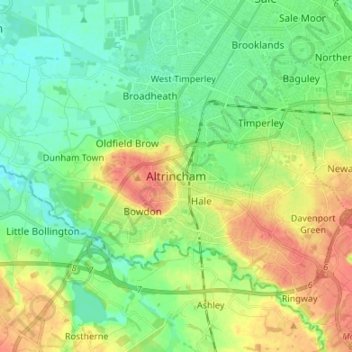 Mapa topográfico Altrincham, altitude, relevo