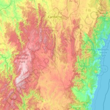 Mapa topográfico Monaro, altitude, relevo