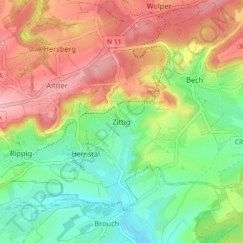Mapa topográfico Zittig, altitude, relevo