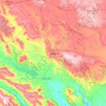 Mapa topográfico Matera, altitude, relevo
