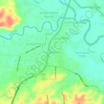 Mapa topográfico Bungo Barat, altitude, relevo