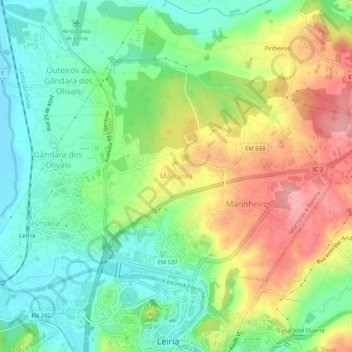 Mapa topográfico Marrazes, altitude, relevo
