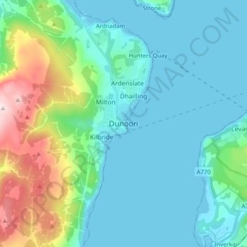 Mapa topográfico Dunoon, altitude, relevo