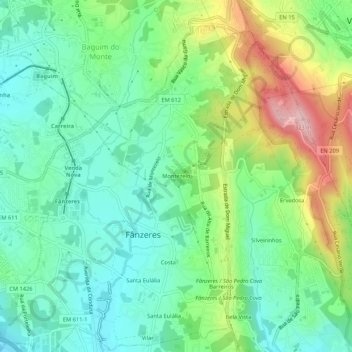 Mapa topográfico Montezelo, altitude, relevo