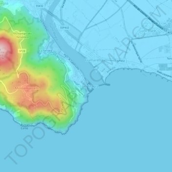 Mapa topográfico Bocca di Magra, altitude, relevo