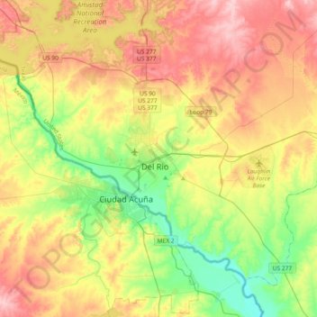 Mapa topográfico Del Rio, altitude, relevo
