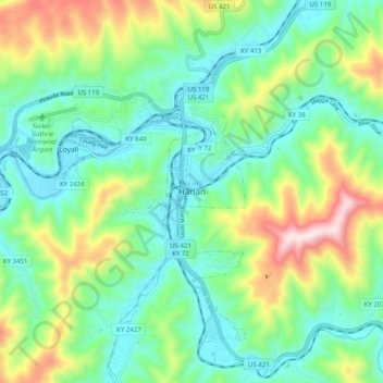 Mapa topográfico Harlan, altitude, relevo