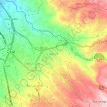 Mapa topográfico Gadog, altitude, relevo