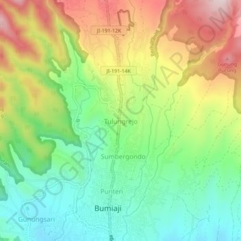 Mapa topográfico Tulungrejo, altitude, relevo
