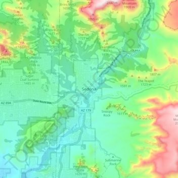 Mapa topográfico Sedona, altitude, relevo