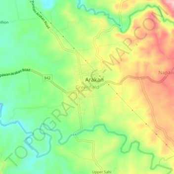 Mapa topográfico Greenfield, altitude, relevo