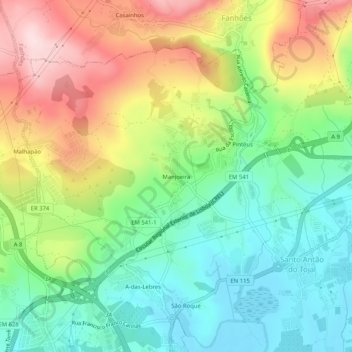Mapa topográfico Manjoeira, altitude, relevo
