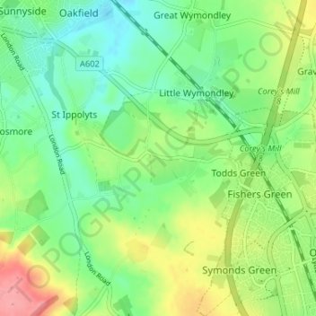 Mapa topográfico Redcoats Green, altitude, relevo