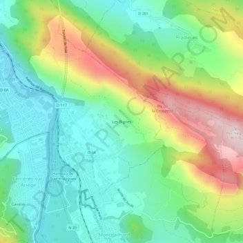 Mapa topográfico Les Bignes, altitude, relevo