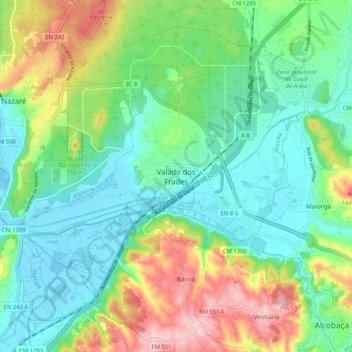 Mapa topográfico Valado dos Frades, altitude, relevo
