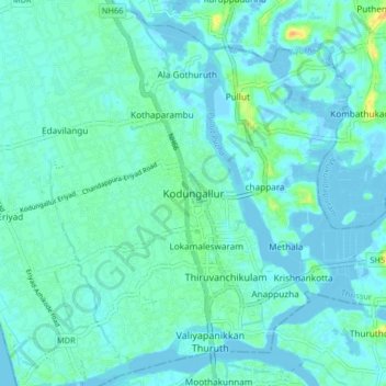 Mapa topográfico Kodungallur, altitude, relevo