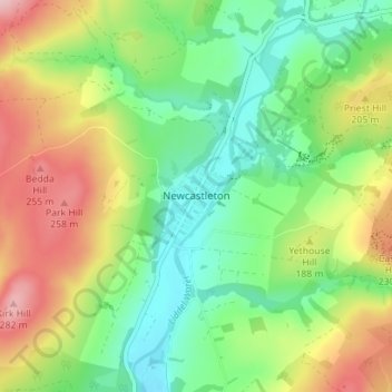 Mapa topográfico Newcastleton, altitude, relevo