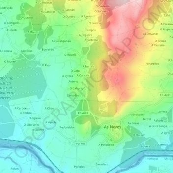 Mapa topográfico As Bouzas, altitude, relevo