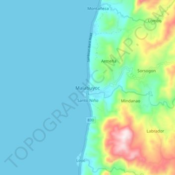 Mapa topográfico Malabuyoc, altitude, relevo