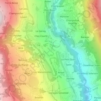 Mapa topográfico Valcartey, altitude, relevo