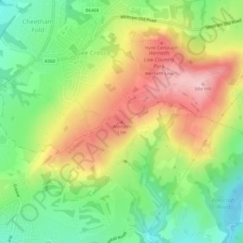 Mapa topográfico Werneth Low, altitude, relevo
