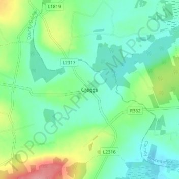 Mapa topográfico Creggs, altitude, relevo