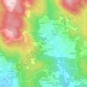 Mapa topográfico Paderne, altitude, relevo
