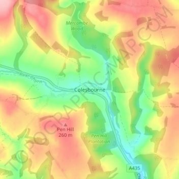 Mapa topográfico Colesbourne, altitude, relevo