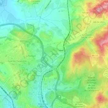 Mapa topográfico Telhal, altitude, relevo