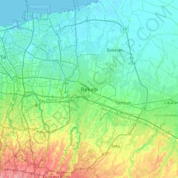 Mapa topográfico Bekasi, altitude, relevo