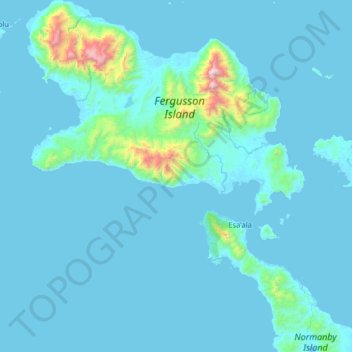 Mapa topográfico D’Entrecasteaux Islands, altitude, relevo