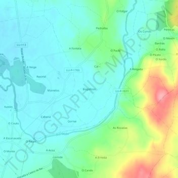 Mapa topográfico Bogalloso, altitude, relevo