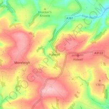 Mapa topográfico Halwell, altitude, relevo