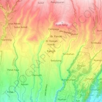 Mapa topográfico Bangli, altitude, relevo