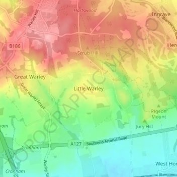Mapa topográfico Little Warley, altitude, relevo