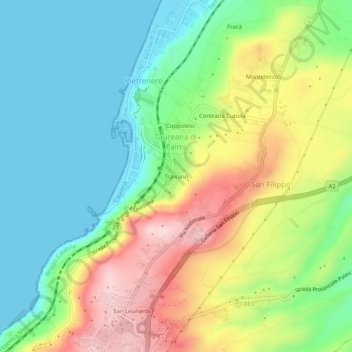 Mapa topográfico Traviano, altitude, relevo