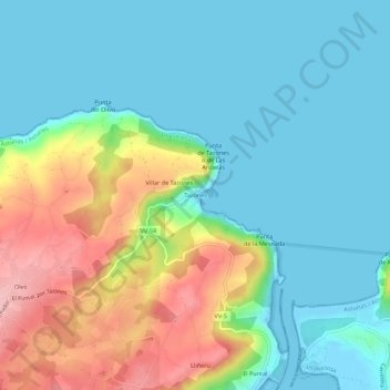 Mapa topográfico Tazones, altitude, relevo