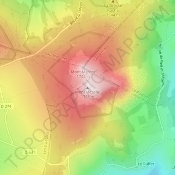 Mapa topográfico Mont Mézenc, altitude, relevo