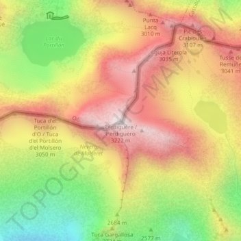 Mapa topográfico Pico Perdiguero, altitude, relevo