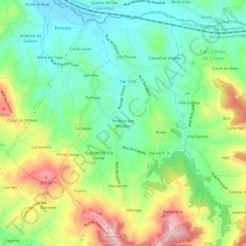 Mapa topográfico Arneiro das Roçadas, altitude, relevo