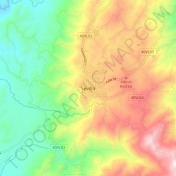 Mapa topográfico Sevilla, altitude, relevo