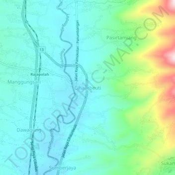 Mapa topográfico Cihaurbeuti, altitude, relevo