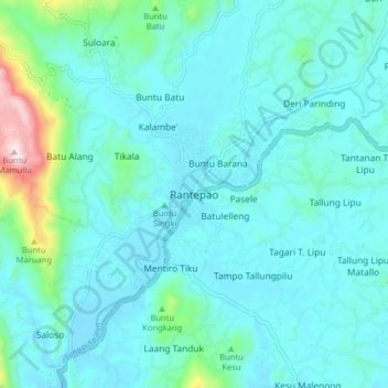 Mapa topográfico Rantepao, altitude, relevo