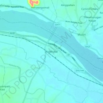 Mapa topográfico Kulithalai, altitude, relevo