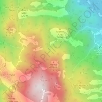 Mapa topográfico Fonte Peruglia, altitude, relevo