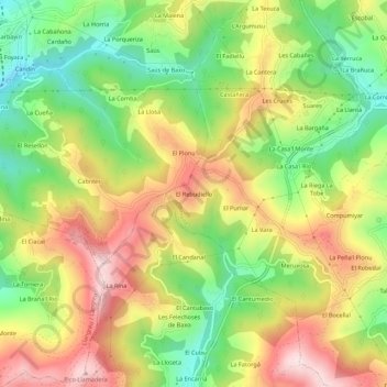 Mapa topográfico El Rebudiellu, altitude, relevo