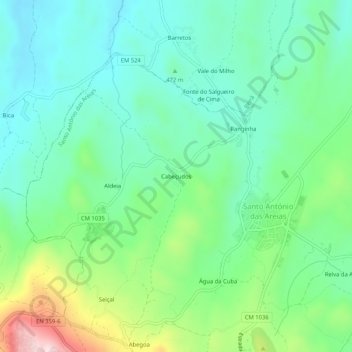 Mapa topográfico Cabeçudos, altitude, relevo